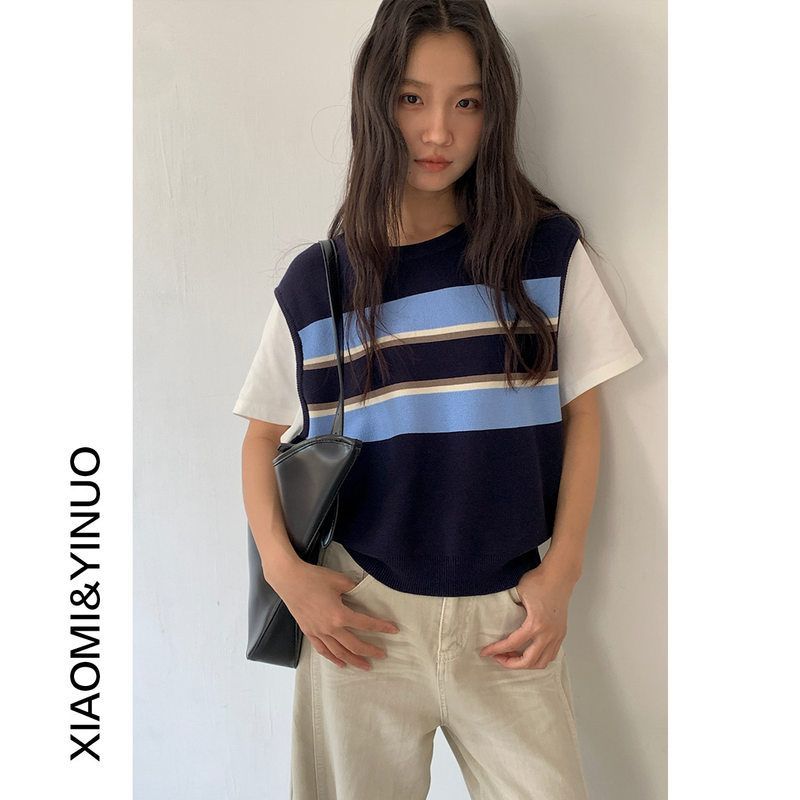 韩版拼接短袖假两件针织衫女装2025新款短款上衣2770 强明女装