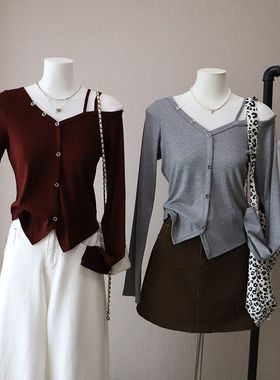 2025秋季新款韩版时尚露肩纯欲紧身显瘦长袖打底T恤4969强明女装