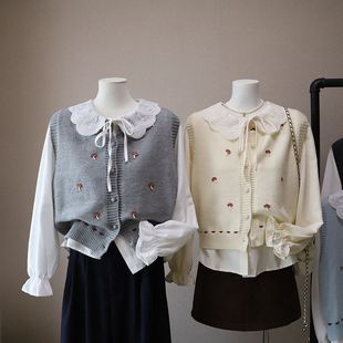 针织马甲坎肩两件套5011强明女装 2025秋季 甜美娃娃领衬衫 韩版 新款
