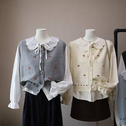 2025秋季新款韩版甜美娃娃领衬衫针织马甲坎肩两件套5011强明女装