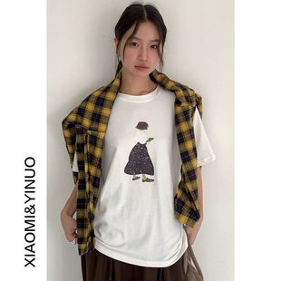 韩版正肩磨毛棉质卡通小女孩圆领短袖T恤女通勤上衣3244强明女装