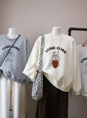 2025秋冬新款韩版加绒加厚字母卡通刺绣宽松休闲卫衣5713强明女装