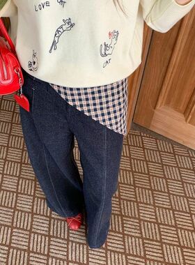 配格纹方巾 桑蚕丝羊毛混纺深蓝色牛仔裤ZY3457强明女装