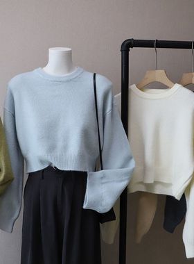2025秋冬新款韩版时尚简约净色显瘦显高短款套头毛衣4869强明女装