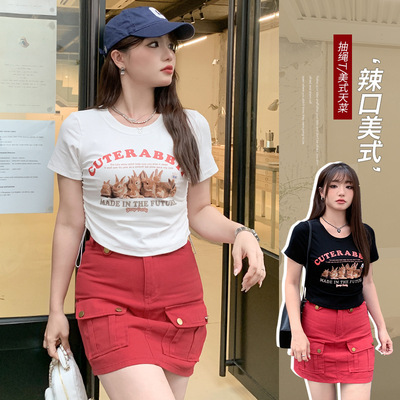 复古甜辣短T恤大码胖mm多口袋工装牛仔短裙两件套装10145强明女装