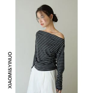 强明女装 一字领上衣3110 T恤女2025初秋修身 辣妹露肩条纹斜肩长袖