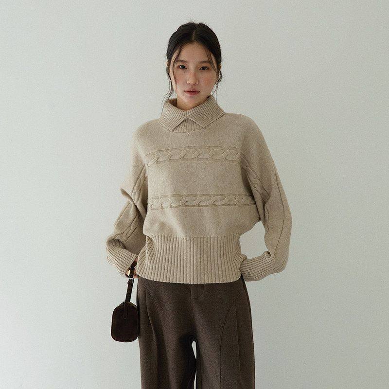 设计感高领别致麻花插肩长袖毛衣女冬新款气质上衣11077强明女装