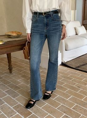 早秋新款 水洗蓝高腰修身显瘦微喇牛仔裤ZY3182 强明女装