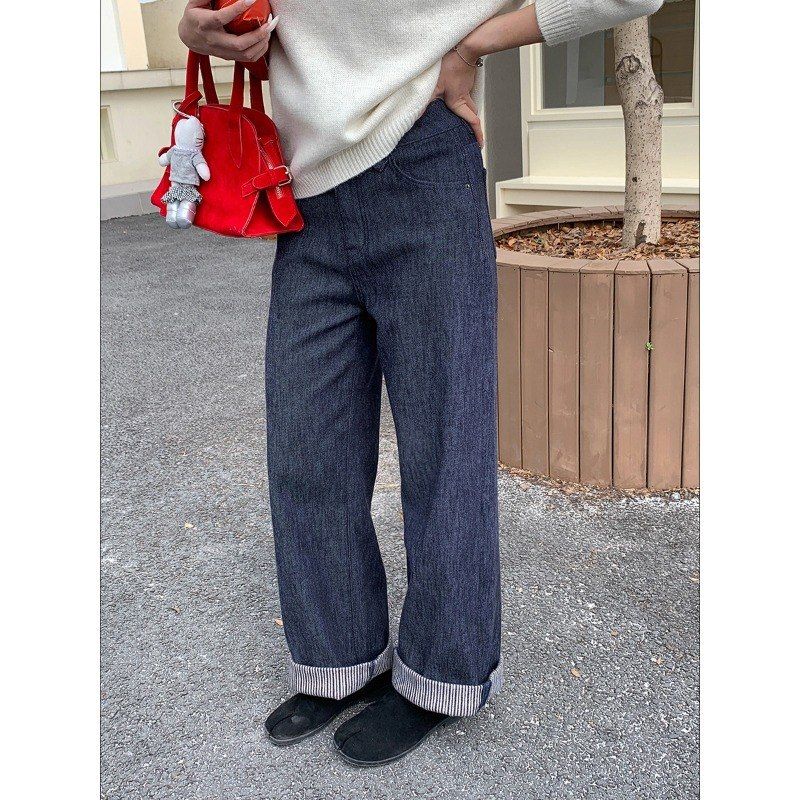 条纹拼接设计感 深蓝高腰阔腿加绒牛仔裤ZY3598强明女装