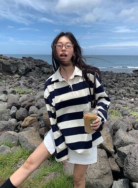 学院风翻领百搭条纹polo卫衣秋季宽松软糯减龄上衣530743强明女装