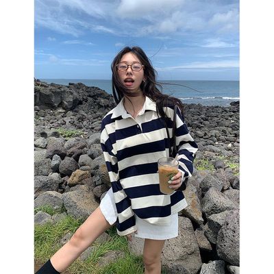 广州黄峥学院风翻领百搭条纹polo