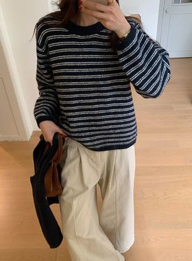 学院风披肩条纹毛针织衫女25冬季休闲宽松百搭毛衣541159强明女装