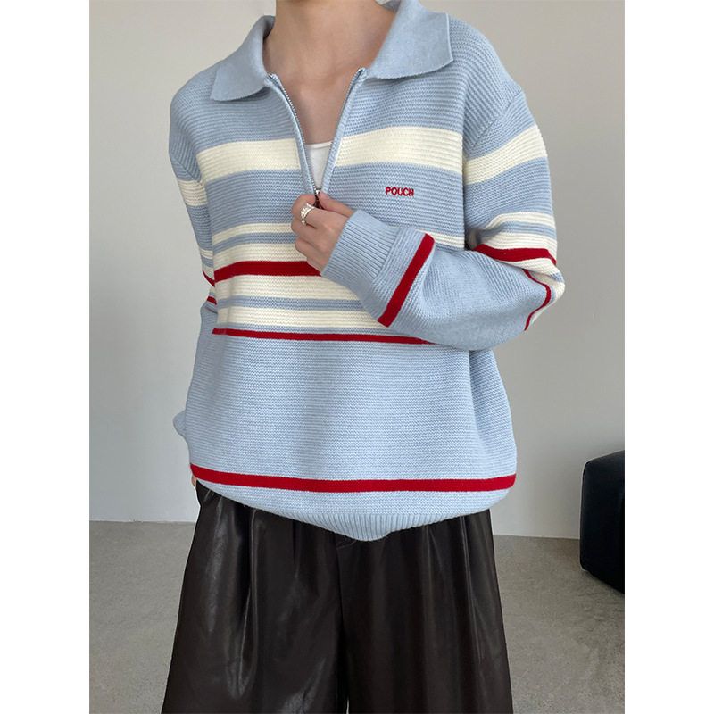 滔川撞色条纹领Polo领休闲上衣