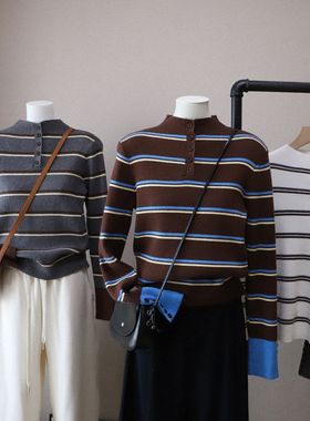 2025秋冬新款韩系撞色条纹显瘦百搭长袖针织打底衫女5647强明女装