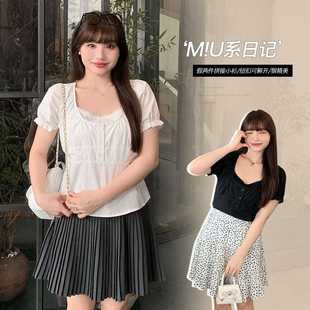 胖mm设计感减龄上衣65001强明女装 气质假两件U领短袖 大码 夏季 衬衫