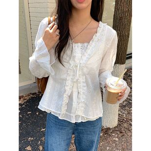 木耳边系带刺绣v领衬衫秋冬宽松长袖上衣小衫530929强明女装