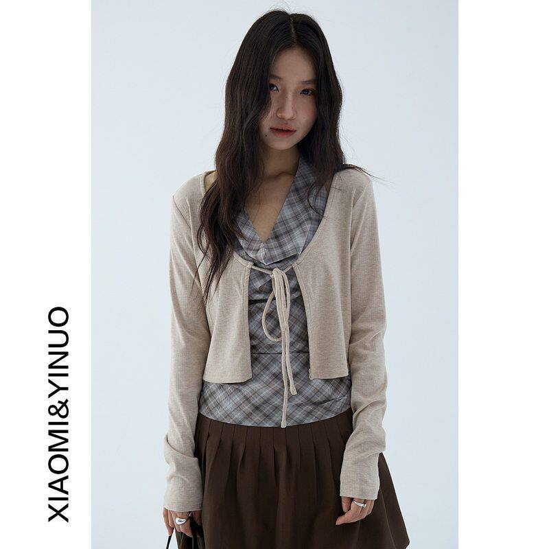 气质格子荡翎挂脖吊心+短款长袖开衫 秋季叠穿两件套3144强明女装