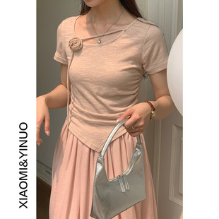 潮流国风 立体山茶花不规则下摆小衫女抽绳收腰上衣9766 强明女装