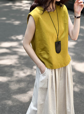 2025夏季新款圆领无袖侧边抽褶极简亚麻套头衬衫背心5572强明女装