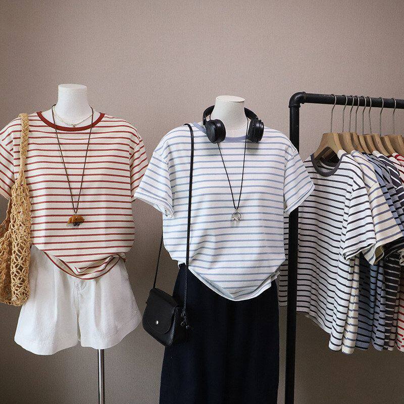 2026春夏新款韩版圆领撞色条纹显瘦百搭休闲短袖T恤5753强明女装