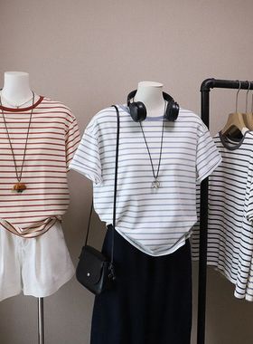 2026春夏新款韩版圆领撞色条纹显瘦百搭休闲短袖T恤5753强明女装