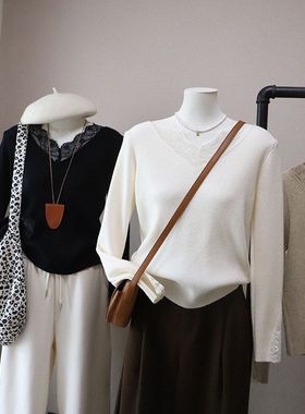 2025秋冬新款韩版蕾丝拼接V领显瘦百搭针织打底衫5708强明女装