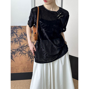 2025春夏新款轻国风T恤复古新中式竹子印花圆领上衣2759 强明女装