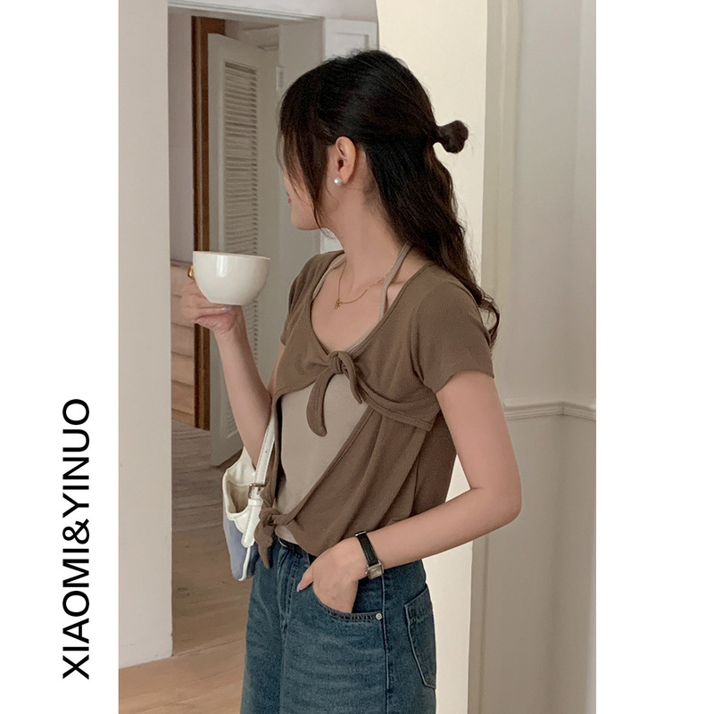 小众设计款打结假两件U领短款T恤女夏季新款显瘦上衣9801强明女装