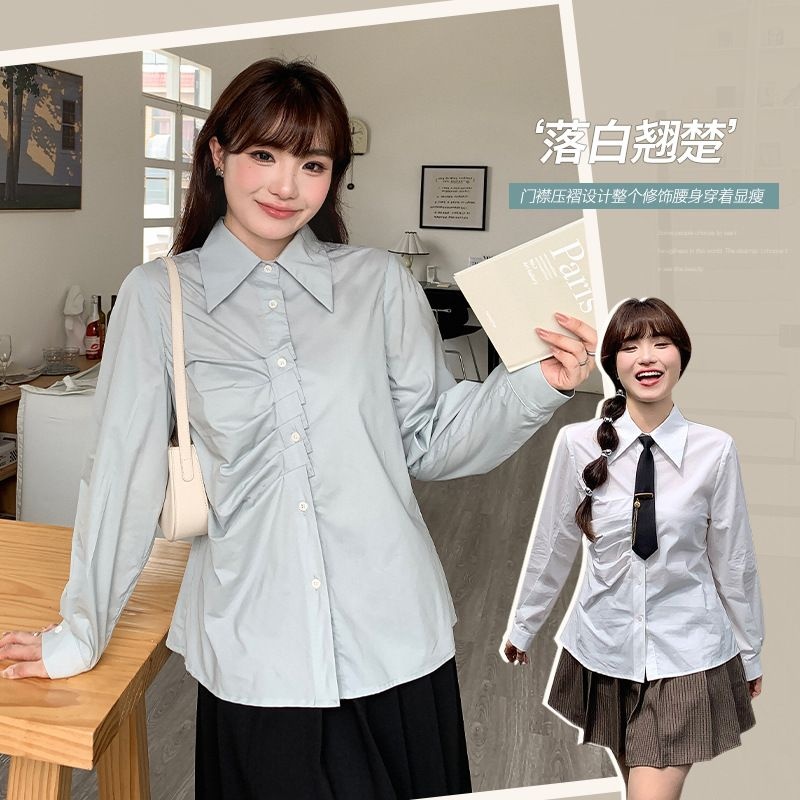 纯色设计感翻领抽褶衬衫秋大码胖mm简约宽松衬衣65042 强明女装