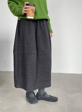 韩系羊毛加厚绒感花苞半身裙女毛呢松紧显瘦A字裙26621强明女装