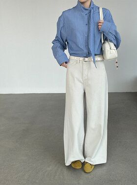 韩系时尚立领飘带衬衫26春显瘦百搭100棉宽松上衣H25551强明女装