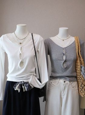 2025秋冬新韩版镂空V领蕾丝拼接修身显瘦内搭打底衫4996强明女装