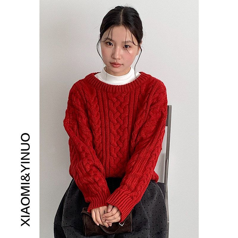 【欧凡】圣诞氛围感红色加厚麻花