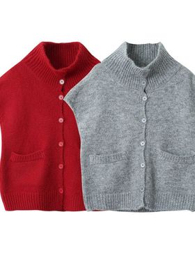 红百搭翻领无袖开衫毛衣宽松显瘦叠穿针织马甲上衣11099强明女装