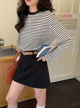 慵懒氛围 韩系撞色条纹圆领宽松长袖T恤ZY3377强明女装