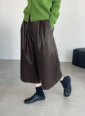 韩系宽松八分PU皮裤女25秋上新高腰显瘦百搭阔腿裤2813强明女装