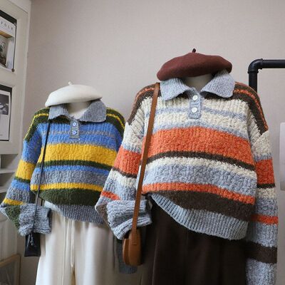 比正2025秋冬新韩版复古翻领条纹