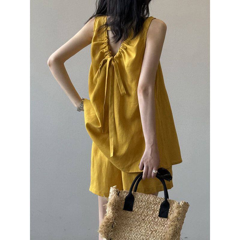 天丝亚麻纯欲露背小衫套装夏韩系高腰阔腿休闲短裤H9857 强明女装