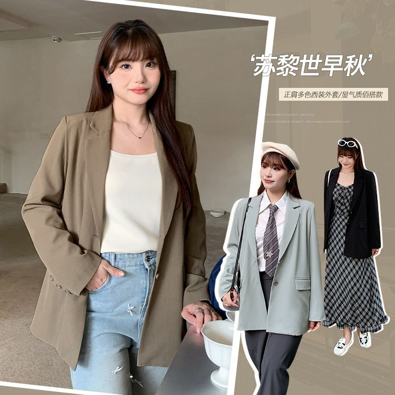 韩胖mm气质时尚休闲西装秋大码显瘦减龄遮腰外套63508 强明女装