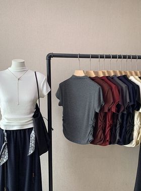 2025秋季新款韩版半高领收腰显瘦百搭短袖打底T恤4827 强明女装