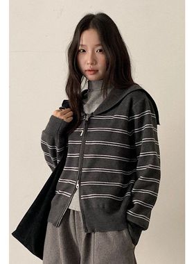 老钱风双头拉链海军领条纹毛衣女显瘦长袖针织开衫11036强明女装