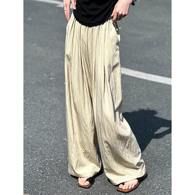 2025春夏新休闲裤韩系松紧腰高腰纯色宽松垂感阔腿裤2893强明女装