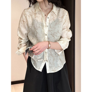 女韩系复古宽松水墨印花设计感上衣2197强明女装 衬衫 新款 2025春季