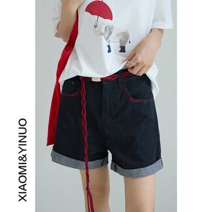 韩版字母刺绣卷边高腰牛仔短裤女2025夏新款显瘦热裤2957强明女装