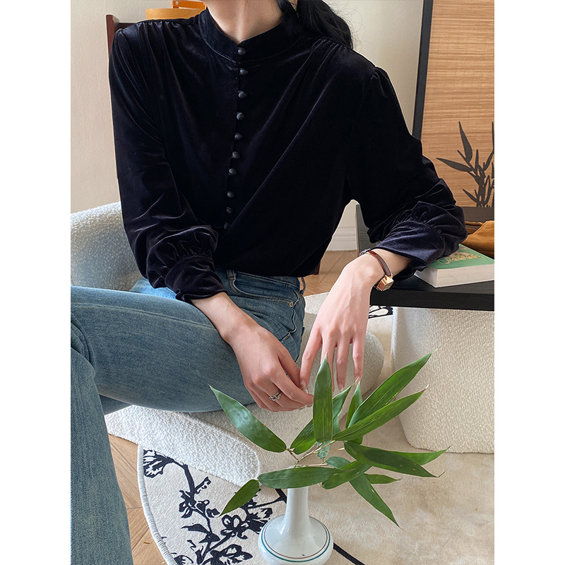 高阶气质挂 新中式国风丝绒立领压褶衬衫ZY1630 强明女装