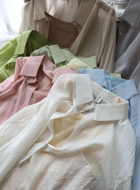 夏装新品韩版清新马卡龙色单口袋衬衫薄款长袖衬衣7936 强明女装