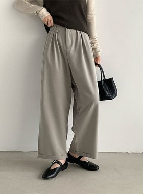 2025秋韩系卷边直筒西装休闲裤垂感通勤高级感阔腿裤2792强明女装