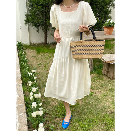 法式温柔风 天丝褶皱肌理感泡泡袖连衣裙ZY1589 强明女装