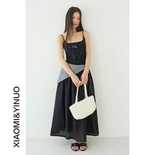 国风水墨画印花吊带连衣裙女夏季 辣妹气质收腰长裙子2929强明女装