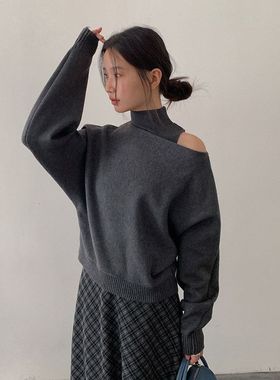 御姐 半高领针织背心+一字肩长袖毛衣女套头两件套11050强明女装